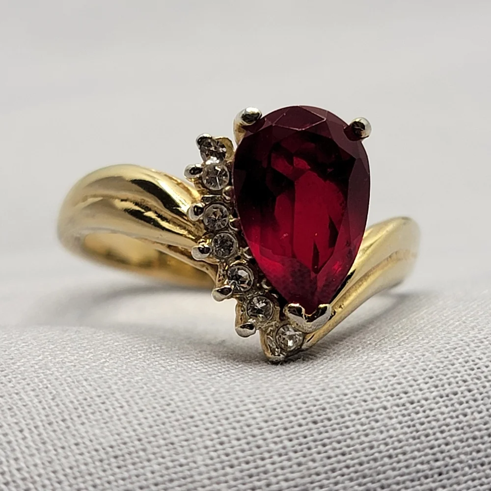 Vintage Cocktail Ring Gold Tone Simulated Ruby and Diamond